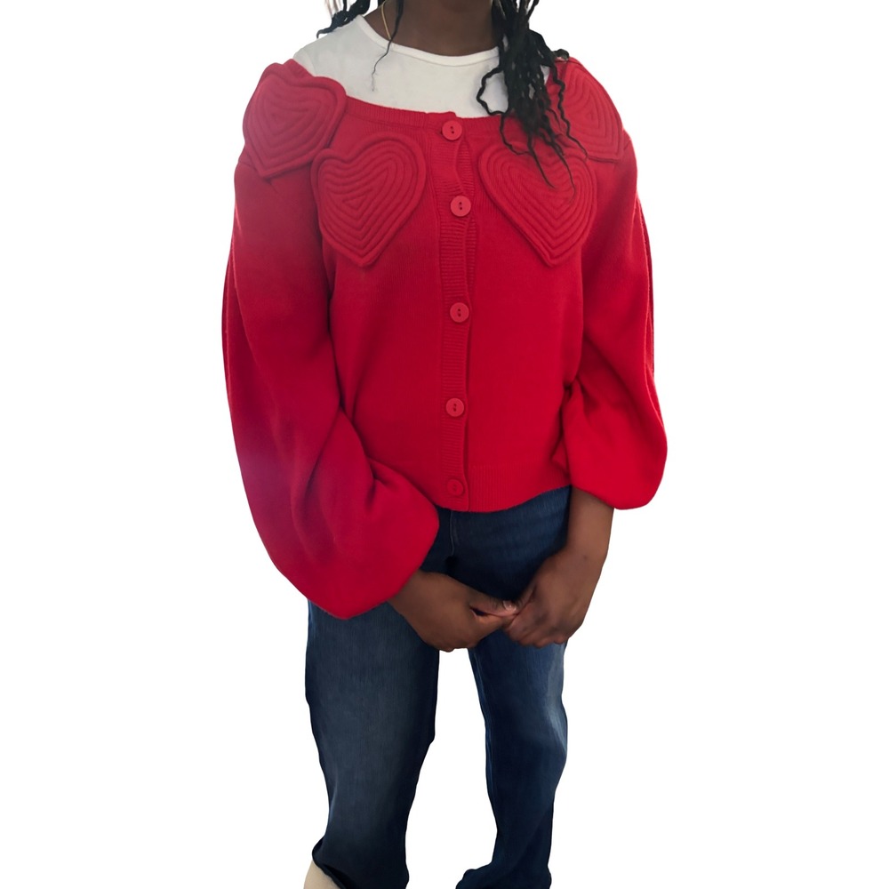 Farm Rio Red Heart Applique Balloon‎ Sleeve Button Front Cardigan Sweater| XL